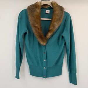 Cabi 3018 Teal Tearoom Faux Fur Collar Button Cardigan Sweater Small Winter Chic